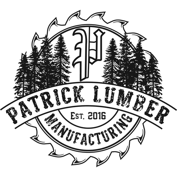 The logo for Patrick Lumber Manufacturing is a hand drawn sawmill blade, with trees in the foreground.