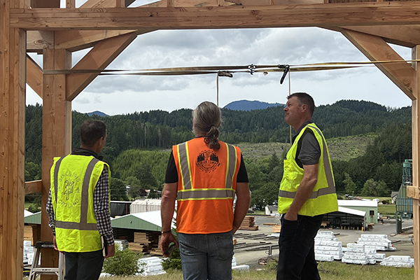 Three employees in safety vests look at the beautiful forest from the lumberyard